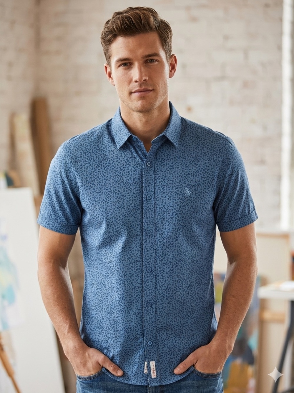 Original Penguin Blue Short-Sleeve Micro Leaf Button-Down Shirt